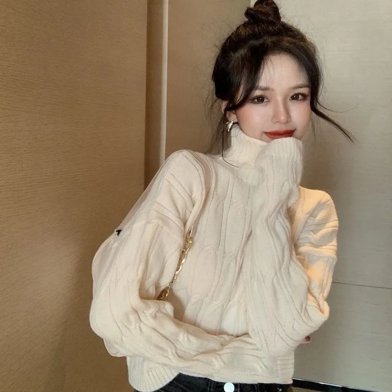 

High Neck Sweater Women Korean Lazy Fried Dough Twists Knitwear Loose Sweet Soft Glutinous Warm Gentle Winter Female Pullover