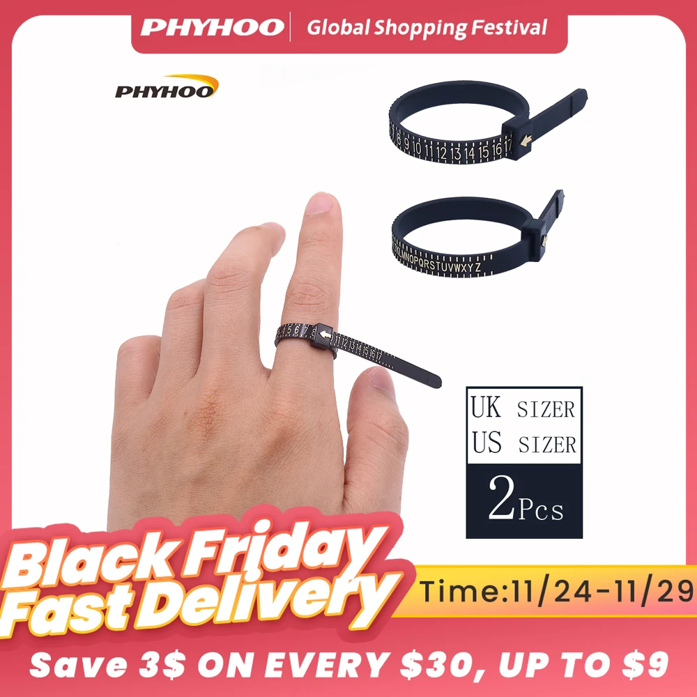 PHYHOO US UK Ring Sizer Set Jewelry Making Tools Plastic Finger Sizing Ring Gauge Measurement Tool Belt for Womens Mens 2 PCS