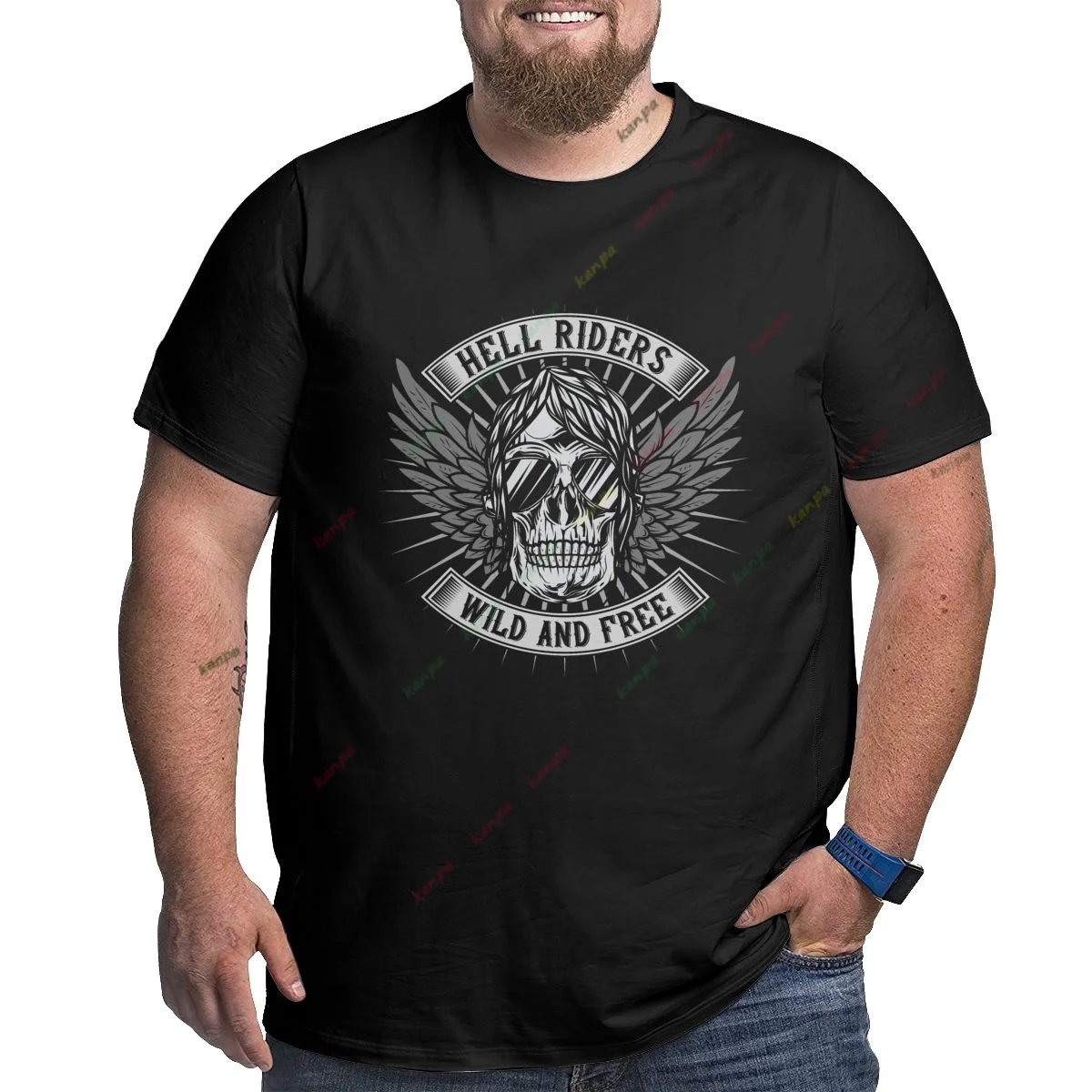 Men's Oversized Printed 100% Cotton T-Shirt Plus Size Loose Streetwear Top Skull Black 5xl  wings 6xl Red 3xl