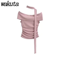 WAKUTA Spicy Girl Sexy One Line Neck Off Shoulder Flipped Short Sleeve Tanks Folded Slim Fit Scarf High Waist Ultra Short Tops