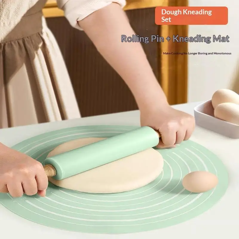 Easy Clean Silicone Pastry Mat Set Reusable Thickened Kneading Pad with Rolling Pin for Home Baking