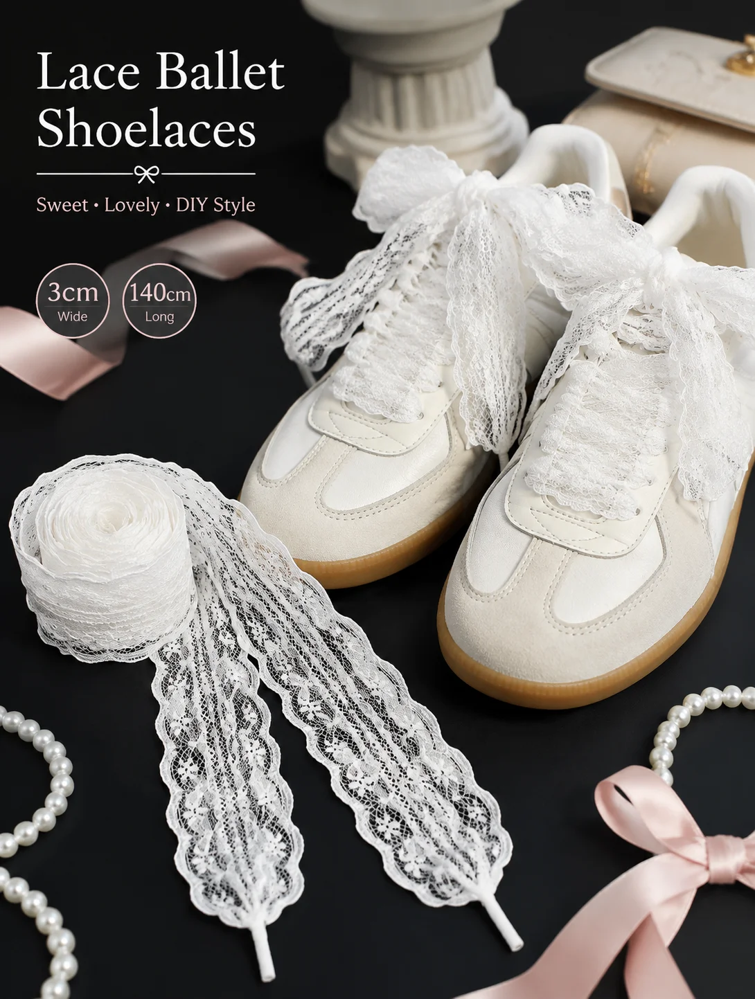 White Cute Ballet Shoelace for Sneakers Sports Shoes DIY Decoration 3cm Wide 140cm