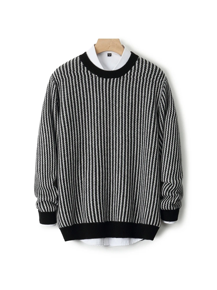 100% suéter de lã merino para homens, gola redonda, pulôver grosso, caxemira, jacquard macio, mangas compridas, cor sólida, tendência, roupas quentes