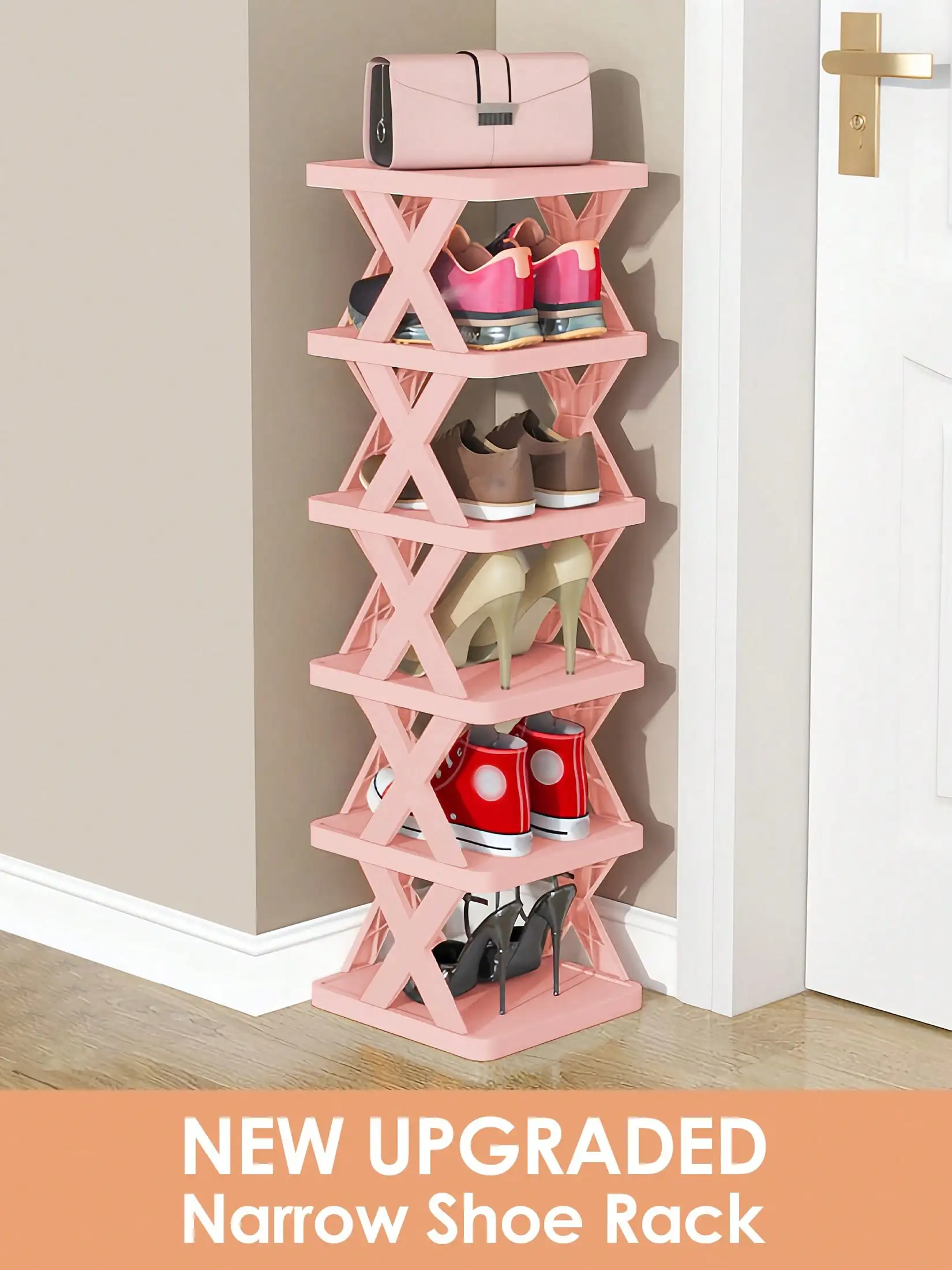 9 Tier Vertical Shoe Rack Modern Pink Plastic Narrow Shoe Shelf DIY Free Standing Space Saving Shoe Storage Organizer Tower Display Stand For Entryway Closet Hallway Small Space Housewarming Gift