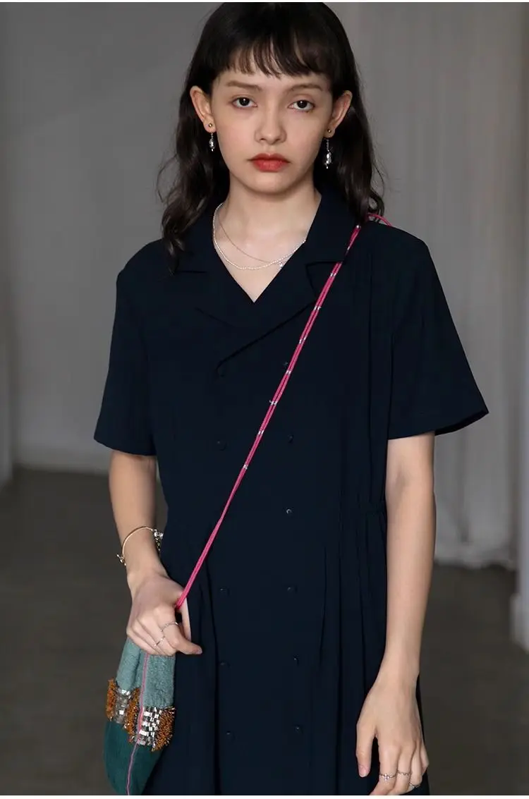 2025 Summer New Women's Dress Loose Commuter Retro Simple Suit Collar A-line Skirt