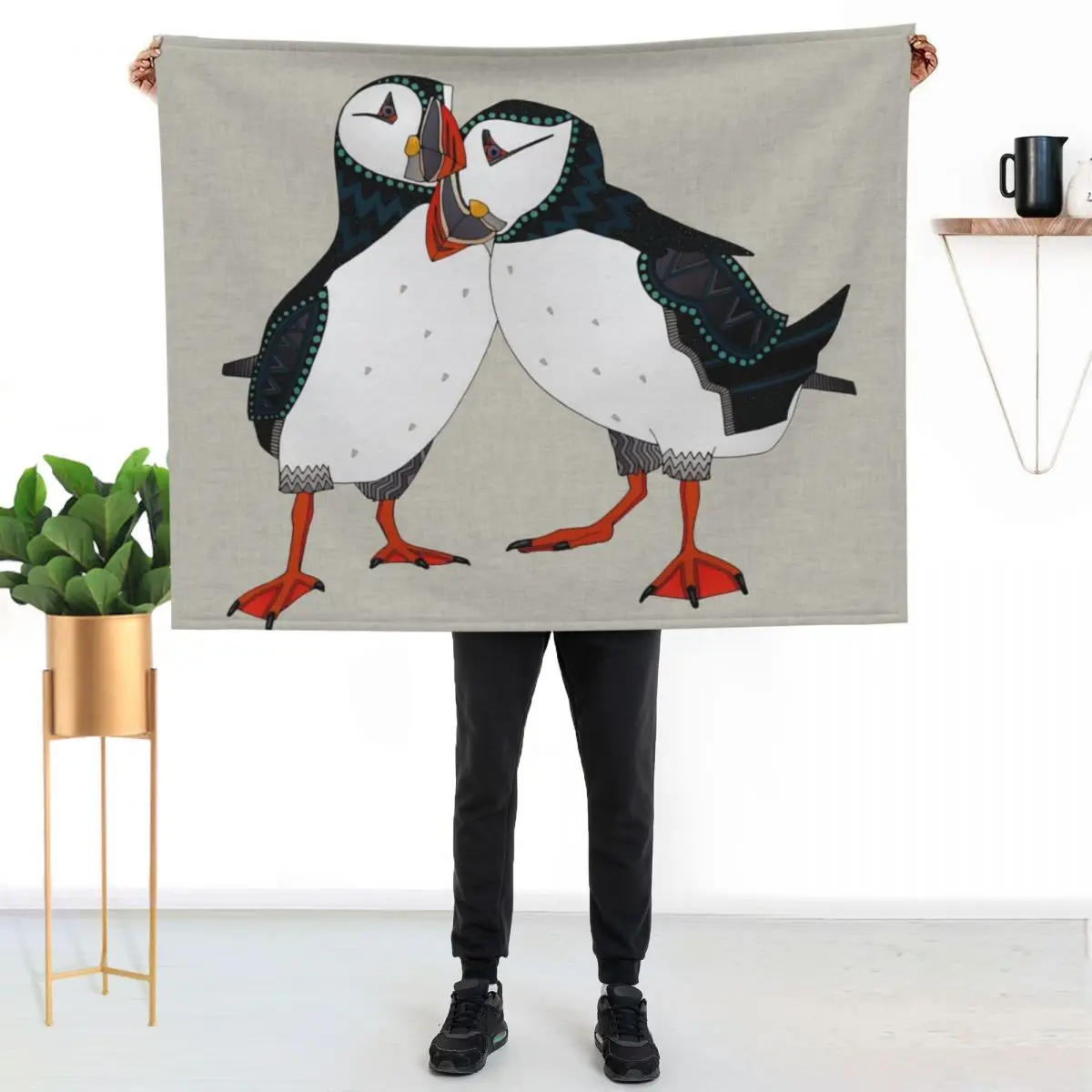 puffin pair warm grey Throw Blanket For Sofa Thin Bed for babies Bed Fashionable Hair blankets ands Blankets