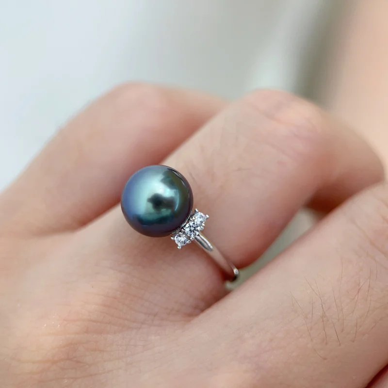 MeiBaPJ 9-10mm Natural Peacock Blue Round Pearl Fashion Ring 925 Sterling Silver Fine Wedding Jewelry for Women
