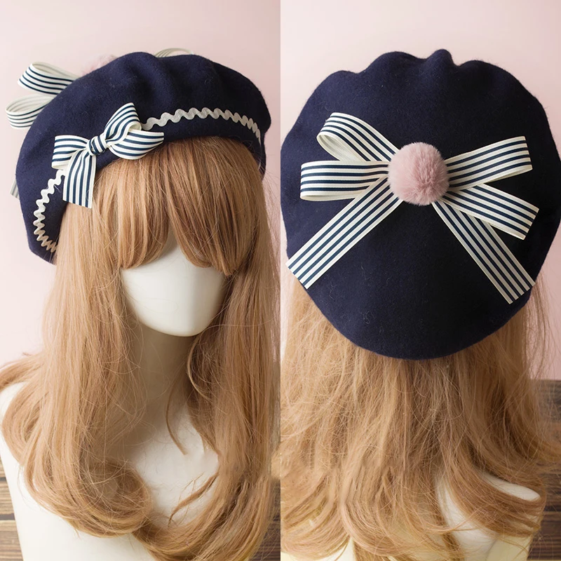 17 Colors Girls Bowknot Sailor Style Lolita Berets Wool Blend Hat Women Girls Plaids Stripe Preppy Chic College Students Cap