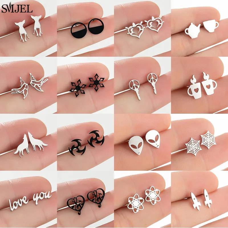 Multiple Mini Stainless Steel Earings Fashion Jewelry Key Wolf Teapot Rocket Swallow Stud Earrings Women Exquisite Jewelry Gift