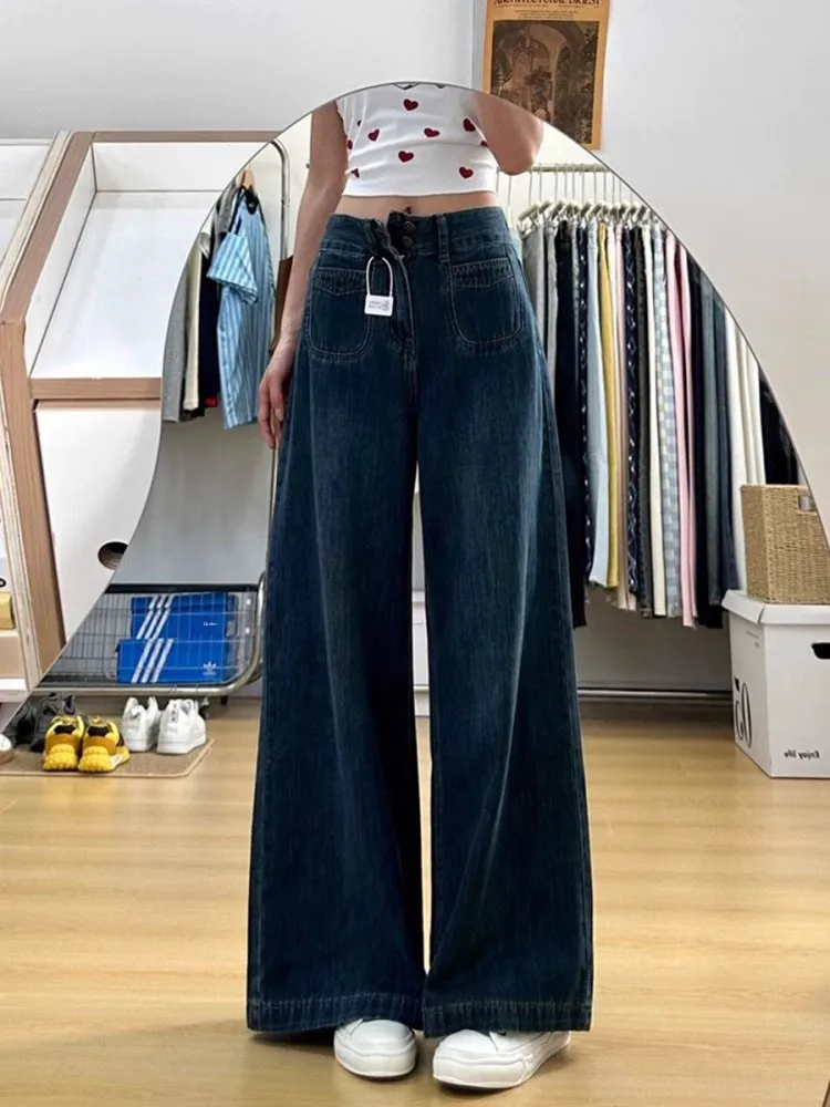 

High Waist Loose Fit Straight Leg Denim Jeans Women's plus Size Pear Shape Body Slimming Wide Leg Floor Length Pants