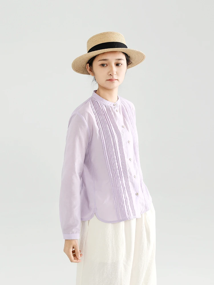 

Spring 2026 Women's Loose Casual Silk Cotton irt Dus Design Trendy ort Top Long Sve Stand Collar Single Button Closure