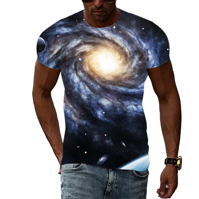 2022 Summer Men\'s Casual T-Shirt Galaxy Pattern 3D Three-dimensional Printing Fashion High Street Short Sleeve Oversized Top