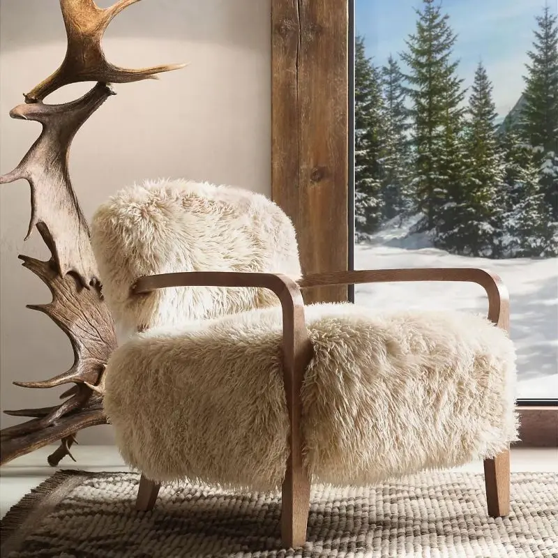 

Modern lounge sofa design with wooden frame, imitation sheepskin chaise longue, suitable for apartments and hotels