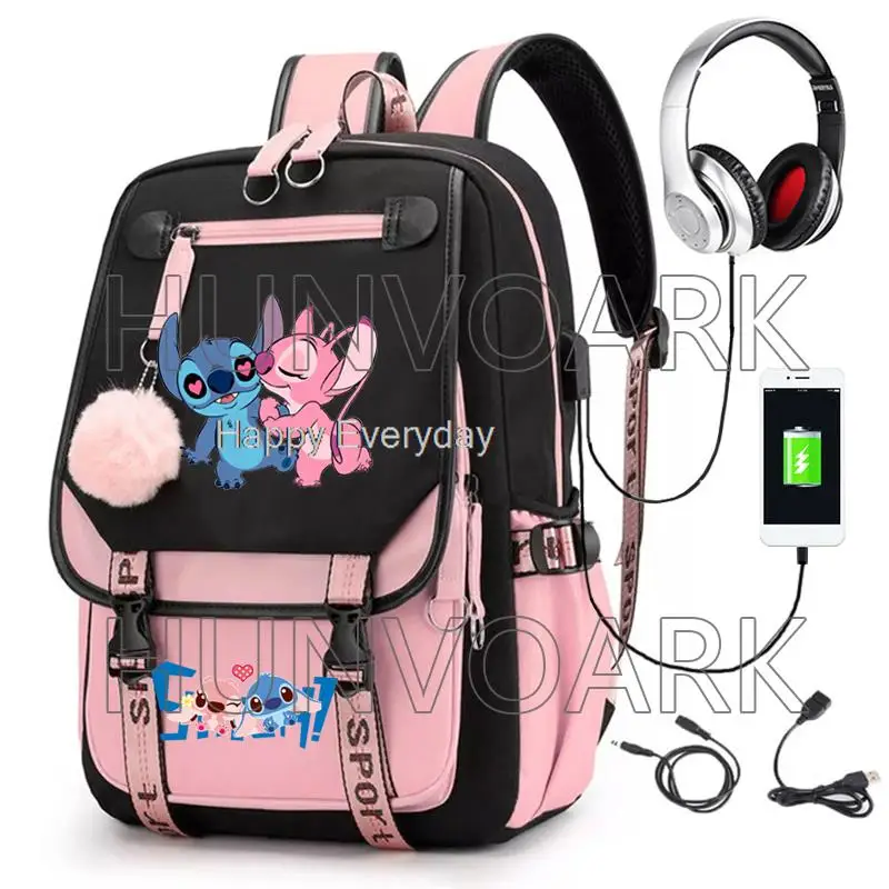 cartoon Lilo And Stitch School Bags Waterproof USB Casual Travel Backpack Women Capacity Travel Laptop Mochilas School