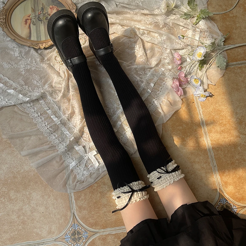 

Японские зимние новые кашемировые полированные носки в стиле Лолиты, большие кружевные женские носки с бантом, длинные гольфы выше колена, мягкие носки для девочек