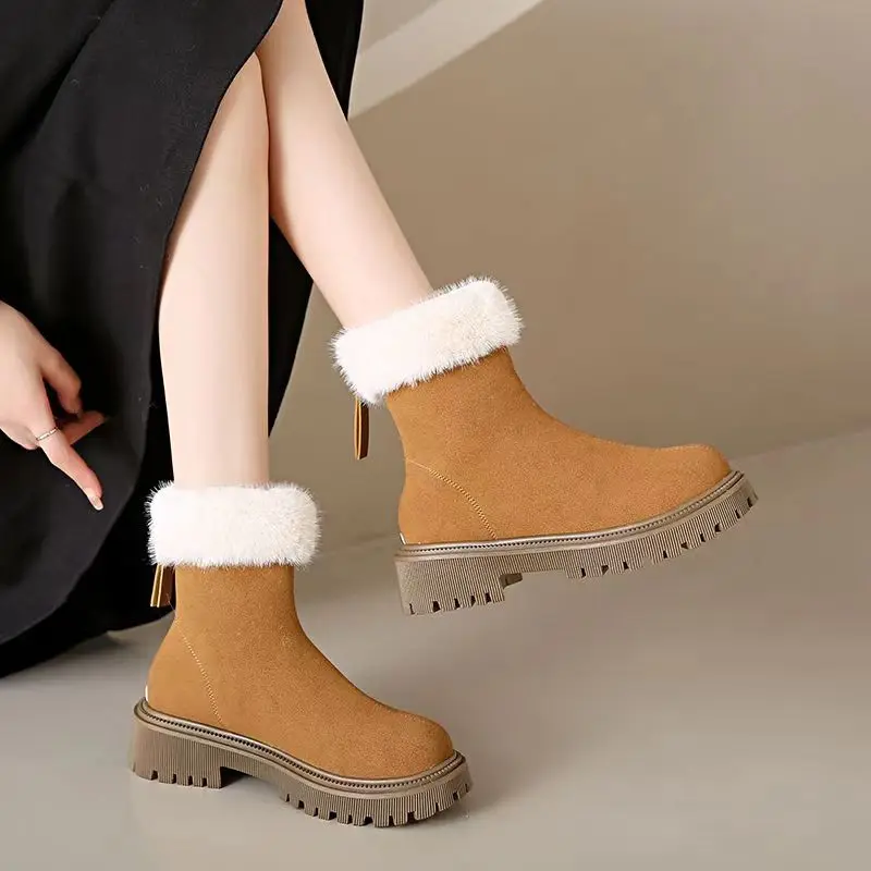 Women's Winter New Leather High Top Low Heel Cotton Boots Thick Sole Non Slip Big Size Plush Warm Zipper Snow Boots Tooling Boot