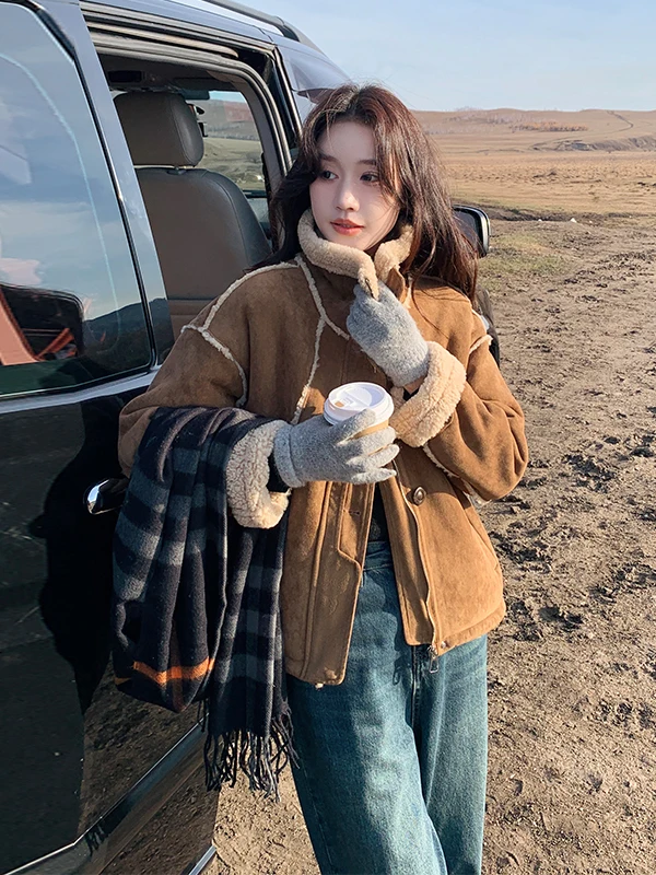 เสื้อแจ็คเก็ตขนแกะสำหรับผู้หญิง บุหนา อุ่นสบาย บุขนด้านใน หนังและขนสัตว์ผสมผสาน ฤดูใบไม้ร่วง ฤดูหนาว รุ่นใหม่ สไตล์ลำลอง ทรงตรง