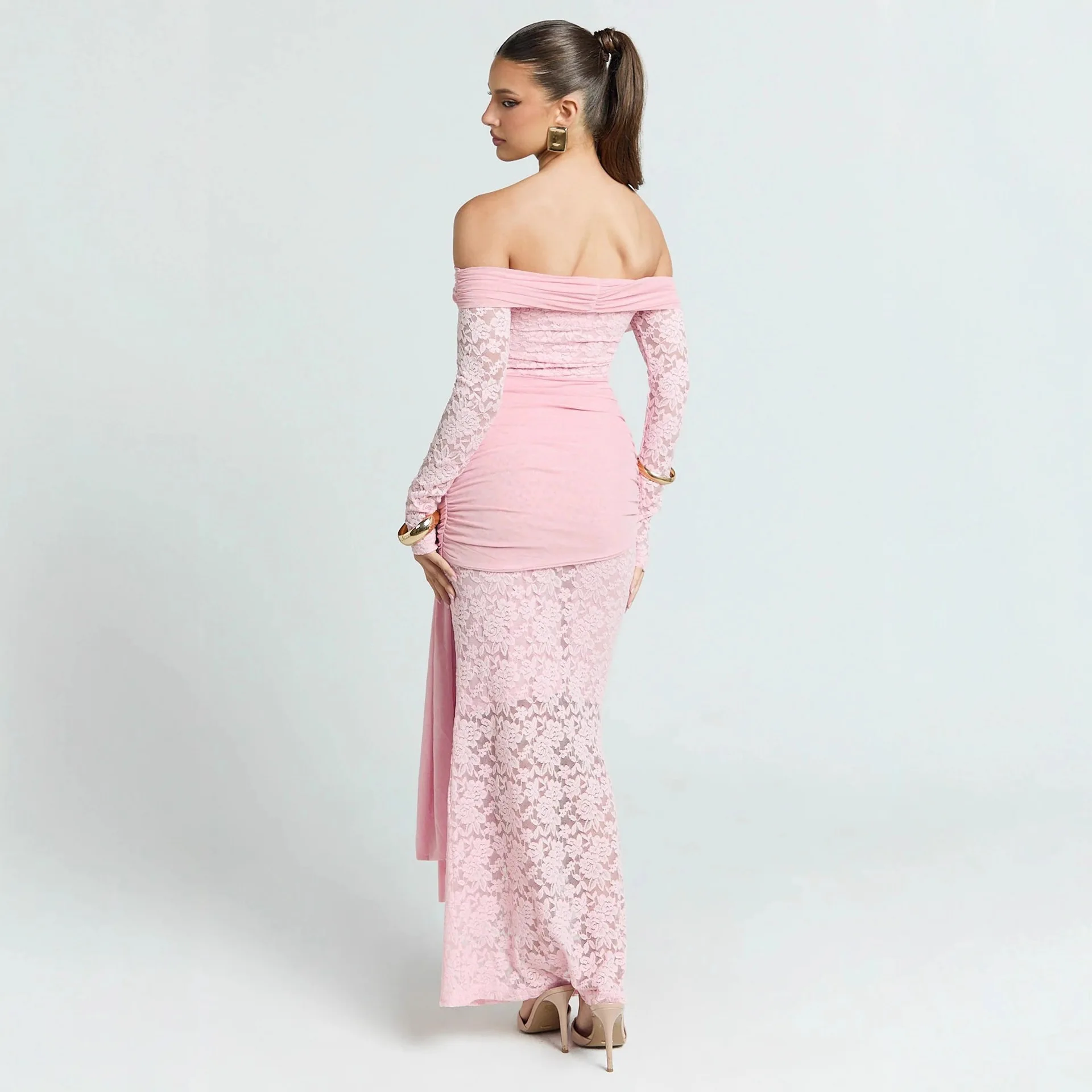 Absobe 2025 الخريف الشتاء الدانتيل شبكة شير قبالة الكتف فستان ماكسي المرأة كم طويل سليم Bodycon فستان حفلة أنيقة مثير الزي