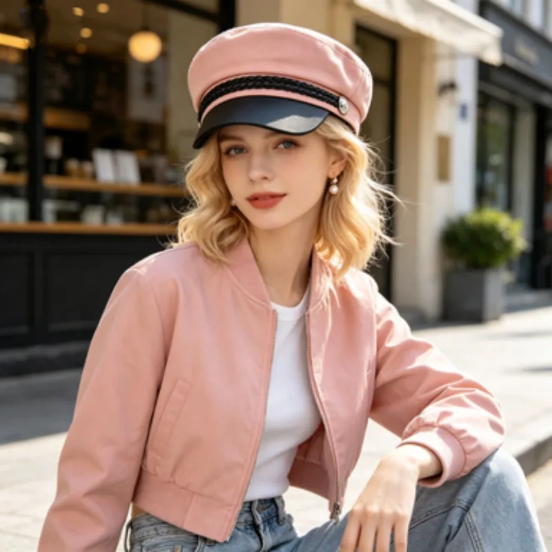 New vintage navy cap, Korean-style metal-studded beret, fashionable hat for autumn and winter, British-style flat-brim beret