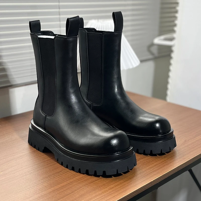 

Winter Business Men High-top Chelsea Boots Black British Style Thick-soled Durable Fashionable Motorcycle Boots Social Boots Men