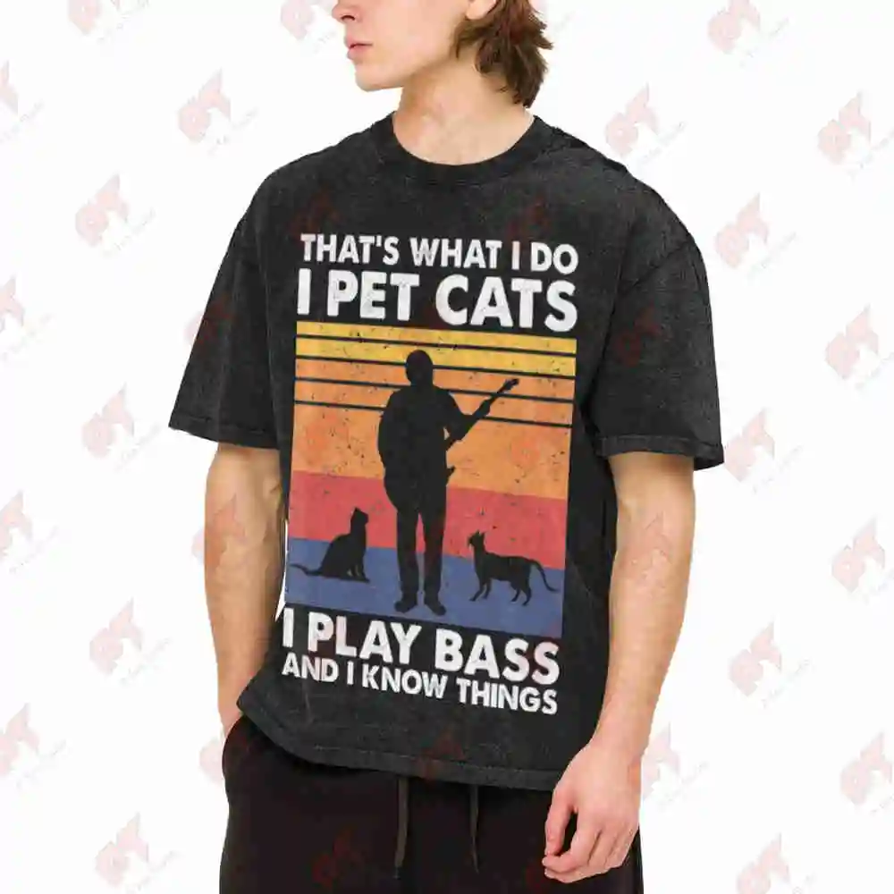 Pet Cats Play Bass Know Things Vintage Washed Tee Pure Cotton T-Shirt