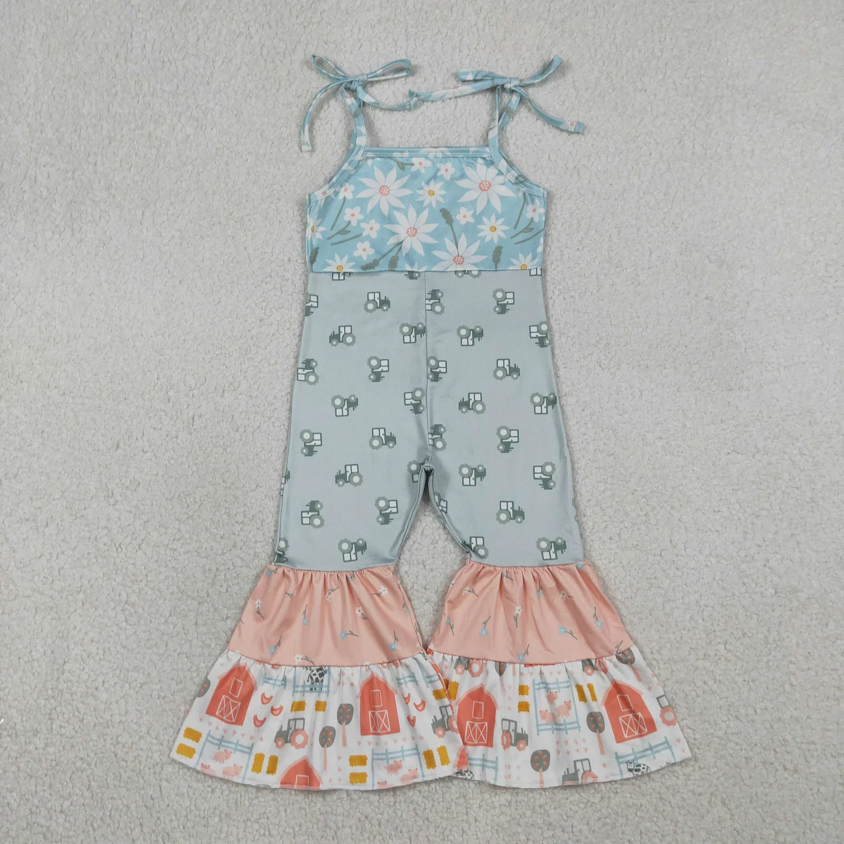 

Wholesale Toddler Children Sleeveless Flower Tractors Clothes Kids Infant Overalls Bell Bottom Pants Baby Girl Straps Jumpsuit