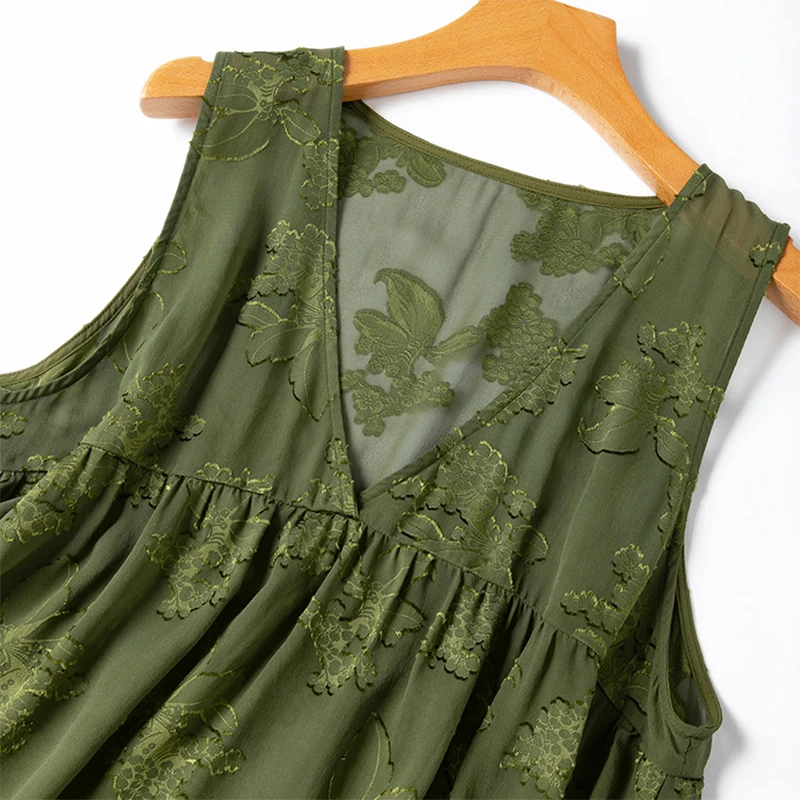 Women Silk Tank Top 100% Mulberry Silk Embroidery Loose Type Thin Olive Green V Neck Vest Sleeveless Top Summer Beach M1176