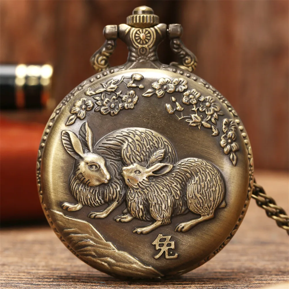 Relógio de Bolso Vintage Bronze, Zodíaco Chinês, Rato, Boi, Tigre, Coelho, Dragão, Serpente, Cavalo, Ovelha, Macaco, Galo, Cão, Porco, Colar Quartzo