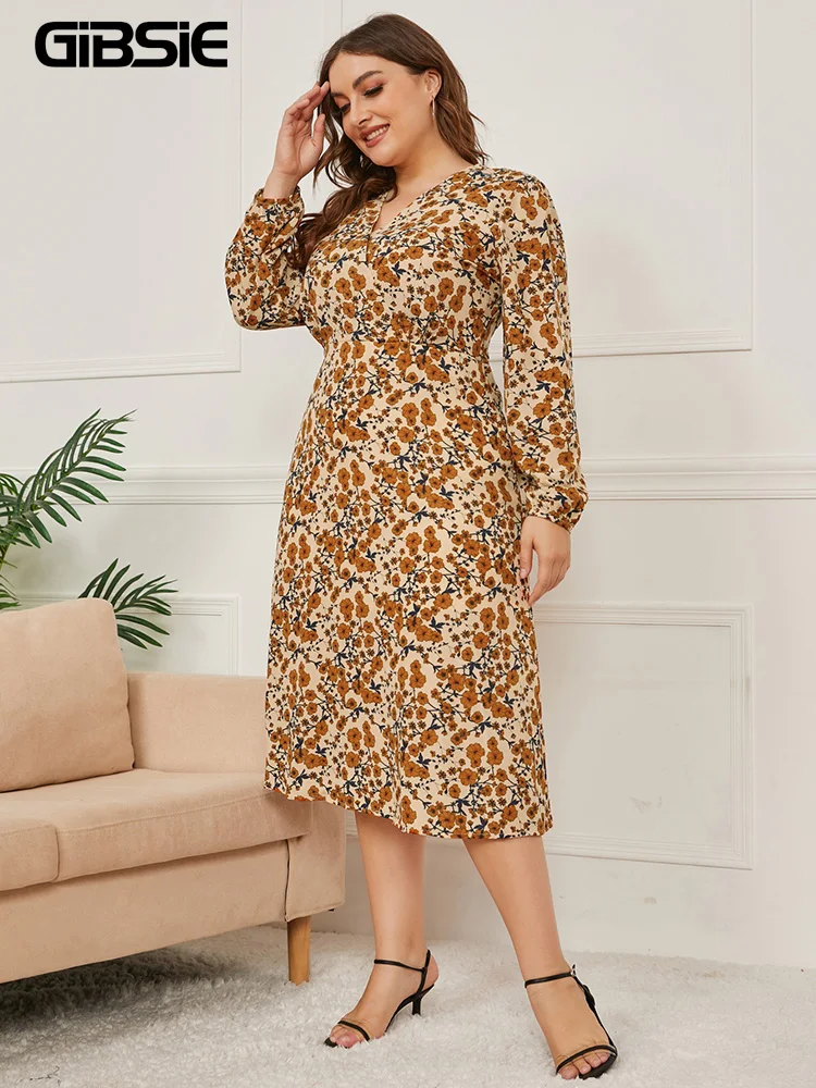 GIBSIE-Vestido estampado em sobrepelete de cintura alta feminino, manga comprida, vintage, elegante, boho, linha A, gravata, longa, plus size, outono, 2023