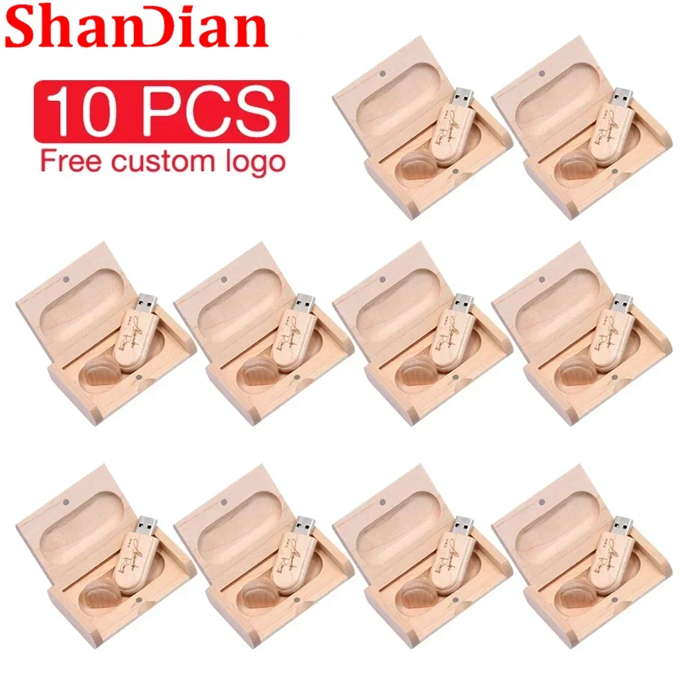 

SHANDIAN 10PCS/LOT Wooden USB Flash Drive 128GB Free Customized Logo Pen Drive 64GB with Box Memory Stick Creative Wedding Gift