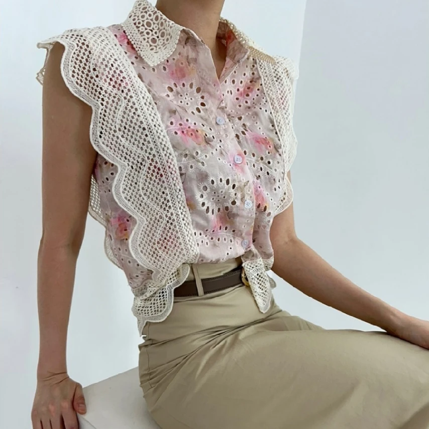 Csa retro con cuello de encaje, empalme, gancho, flores caladas, antienvejecimiento, pintura al óleo, sin mangas, top mode...