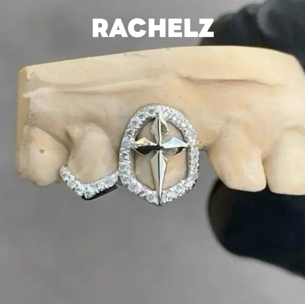 RACHELZ Y2K Punk Vintage Zircon Hollow Cross Teeth Grillz Hip Hop CZ Stone Tooth Caps For Women Men Couple Jewelry Gift