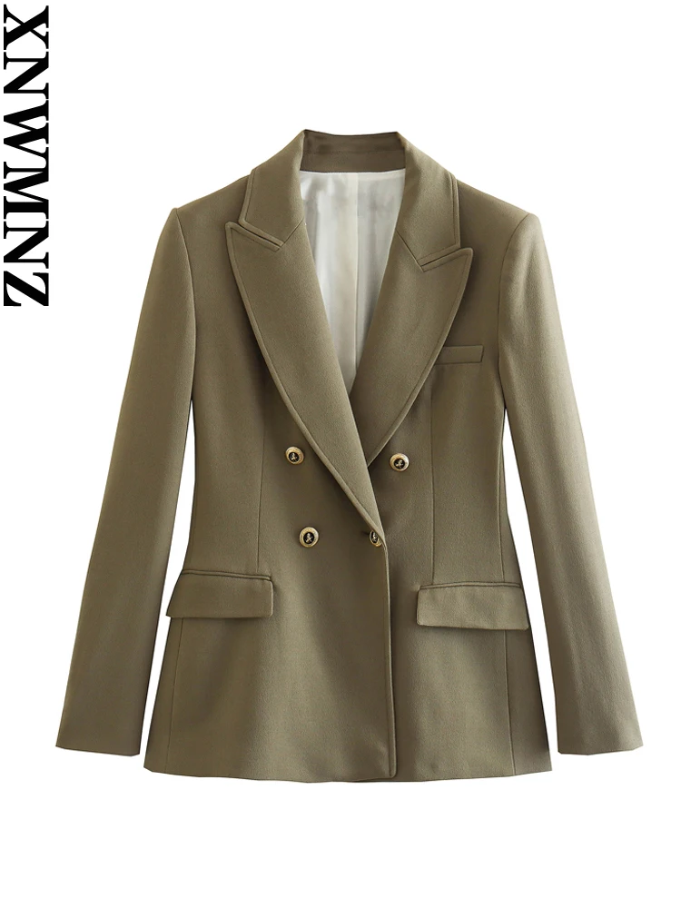 XNWMNZ 2023 Women fashion double-breasted blazer Woman lapel long-sleeve pocket gold button coat female chic suit