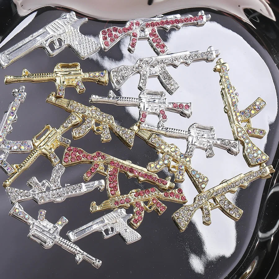 10Pc Gun Vorm Hiphop Sieraden Nail Steentjes Zilver Goud Metalen Manicure Figuren Diy 3d Wapen Charmes Punk Nail Art Decoratie