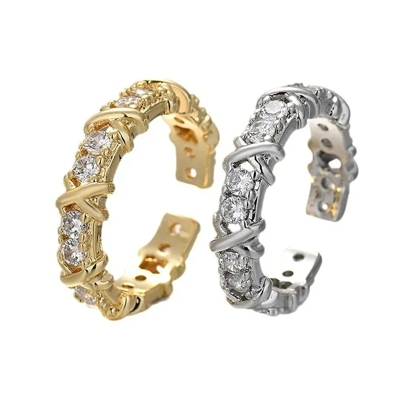 

Huajie X Cross Open Inlaid Bright Zirconia Charms Rings for Women Light Luxury Opening Ring Party Fashion Jewelry