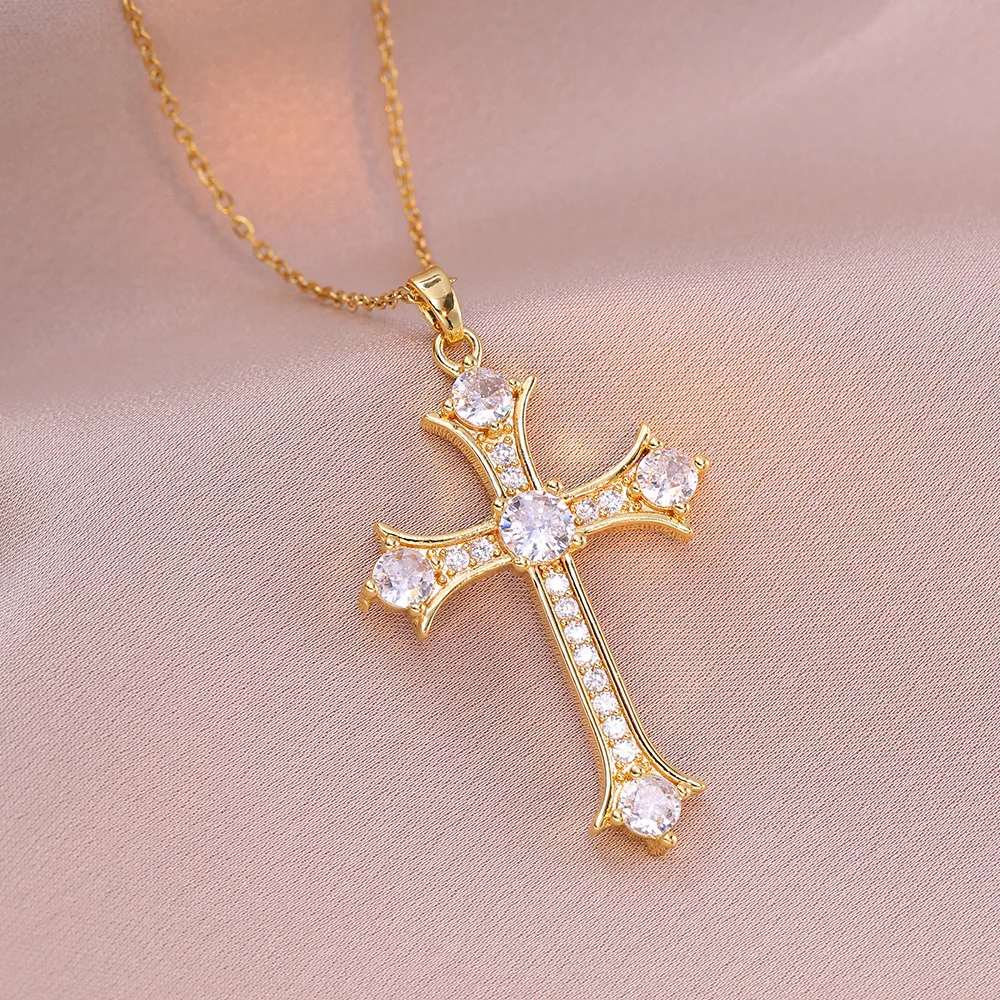 Hip Hop Zircon Cross Pendant Necklaces for Women Men Fashion Stainless Steel Chain Cool Cross Jewelry Accessories Gift for Lover