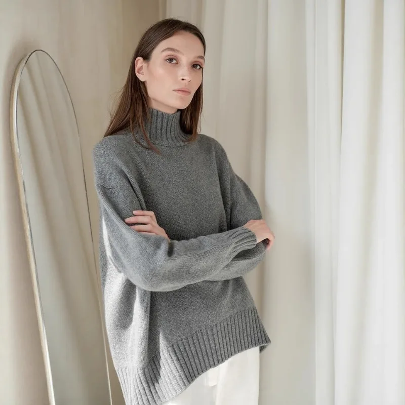 

2023 осенне-зимняя модная новая женская элегантная вязаная шерстяная толстовка с высоким воротником, утепленный теплый базовый свитер с длинными рукавами