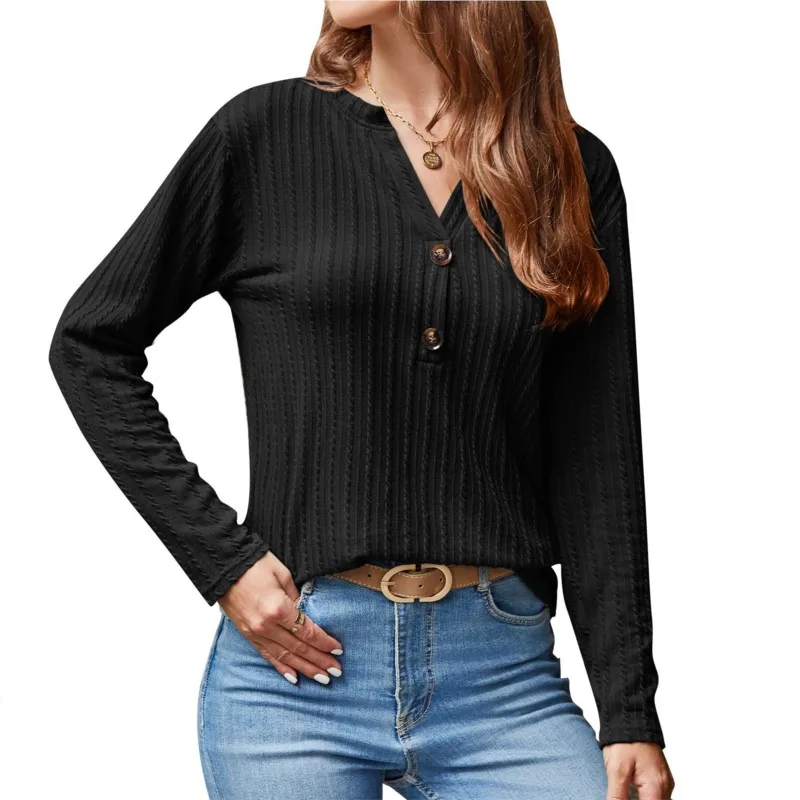 Solid Color Long Sleeve Top Casual T-shirt Autumn Elegant V-neck Button Knit Fried Dough Twists T-shirt Long Sleeve Top New 2024