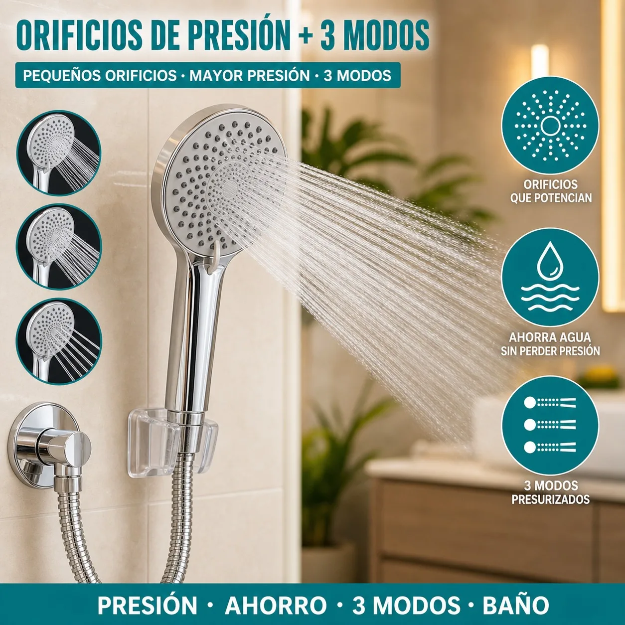Ensemble de douche à main pressurisé avec 3 modes de pulvérisation, tuyau et support en acier inoxydable de 150 cm, pomme de douche chromée haute pression pour économiser l'eau dans les salles de bain modernes.