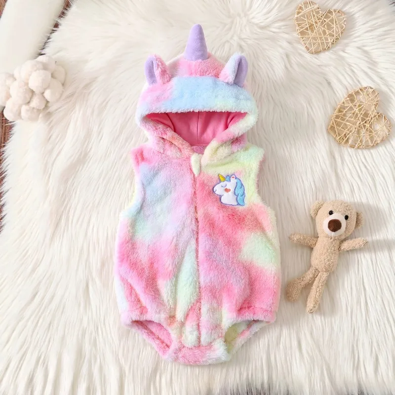 Newborn Infant Baby Girls Unicorn Romper Rainbow Plush Sleeveless Bodysuit With Horn Ears Cute Costume Outfit 0 24M