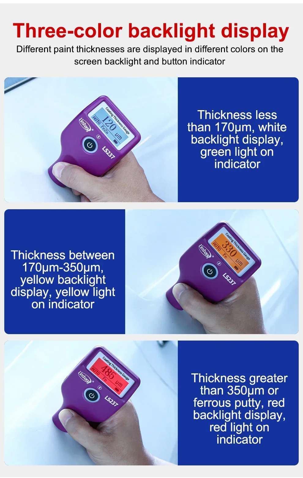 Rechargable LS237 Car Paint Thickness Gauge Checking Auto Coating Identify Ferrous Putty With Three Color and Rotatable Screen