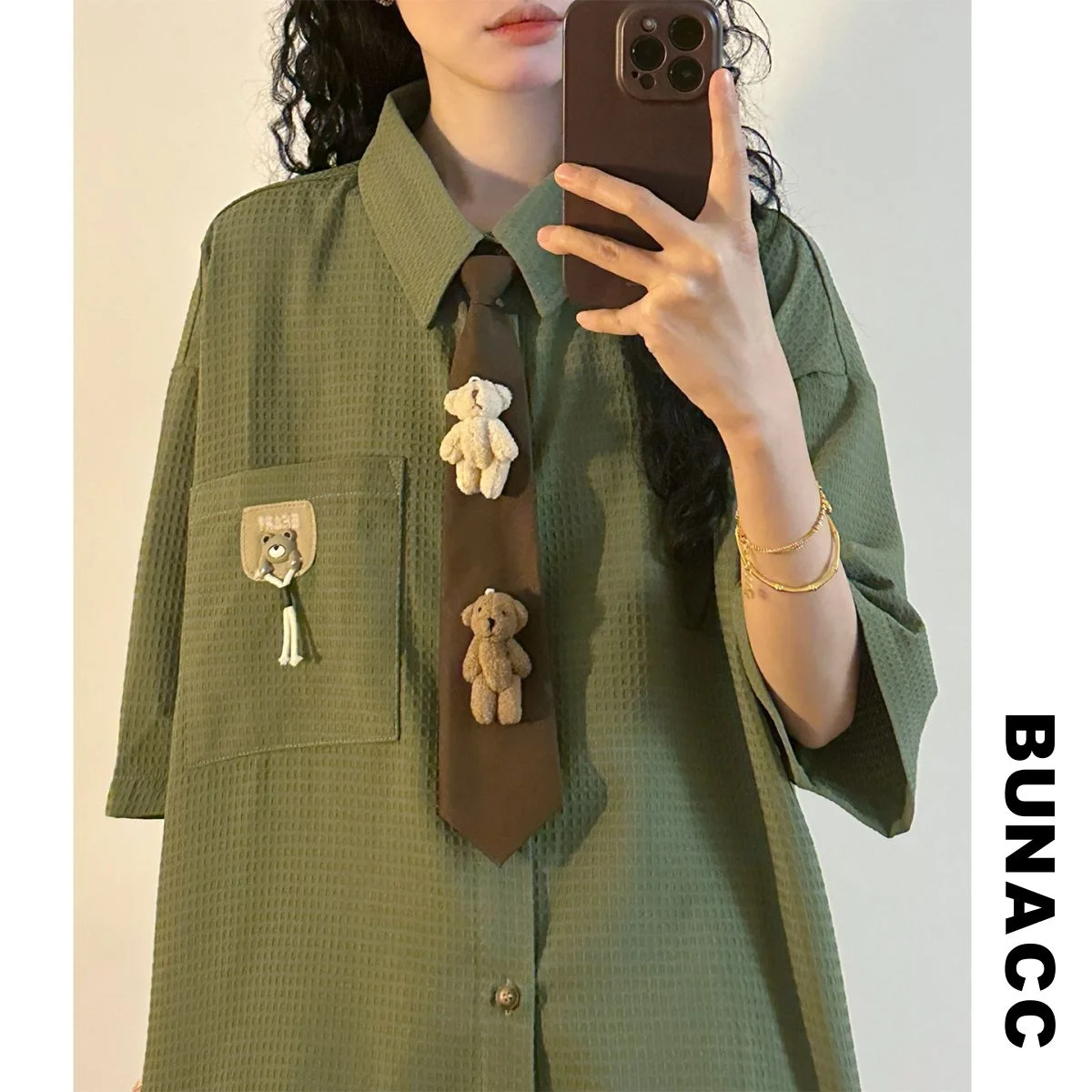 

Loose Cartoon Bear Tie Short Sleeve Shirt Women's Casual College Style Top BUNACC Japanese Retro Street Fashion Shirt