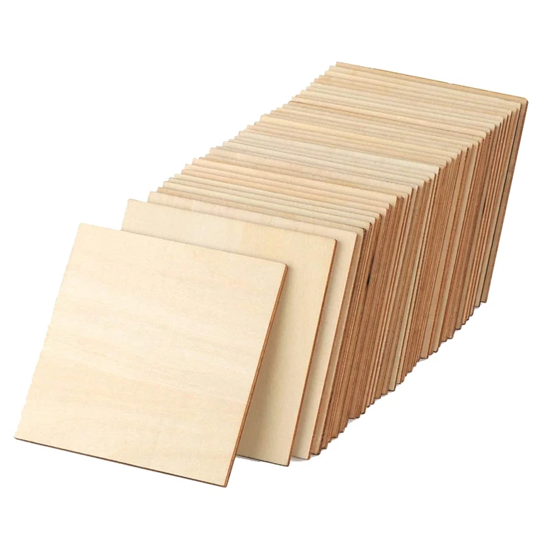 Unfinished Wood Pieces 50 Pcs 4 Inch Square Blank Wood Natural Slices Cutouts For DIY Crafts Painting Staining