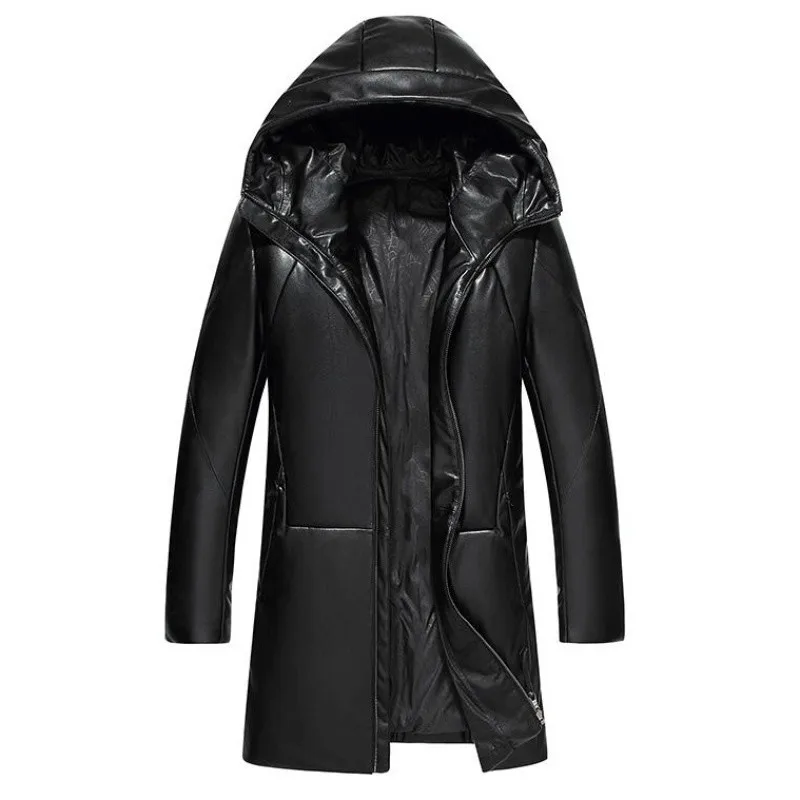 Winter New Brand Men\'s Korean Plus Size Coats Male Long Leather Jacket Men Warm Hooded White Duck Down Outwear Fashion Jackets
