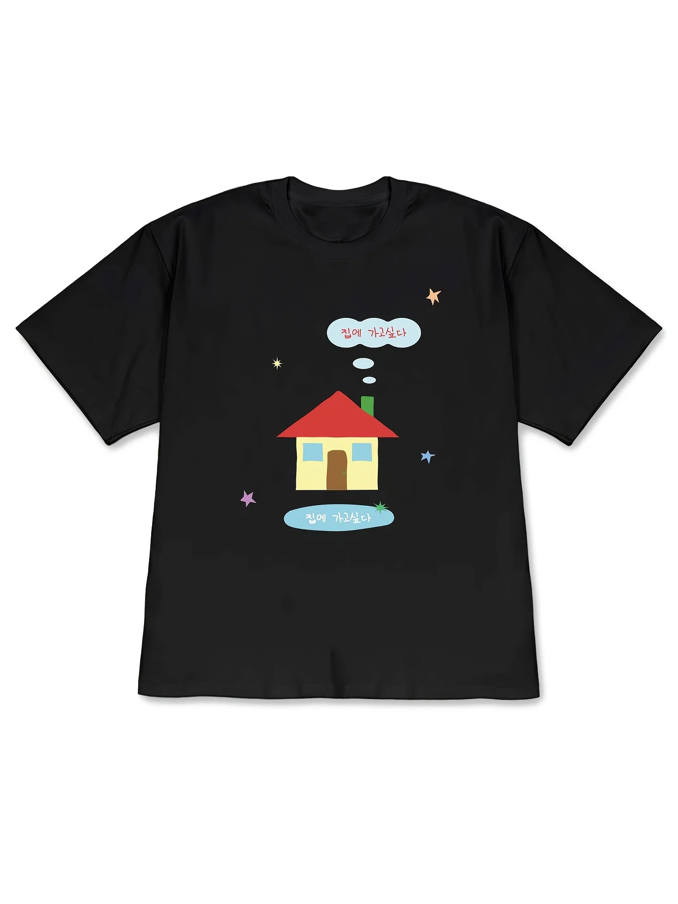 Cute Little House Pattern Black Crew Neck T Shirt Soft Daily Wear Women Tee