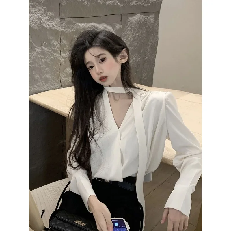 Elegant and Youth Woman Blouses Office Lady Oversized White Shirts Chic Long Sleeve V-neck Tops Korean Review Many Clothes