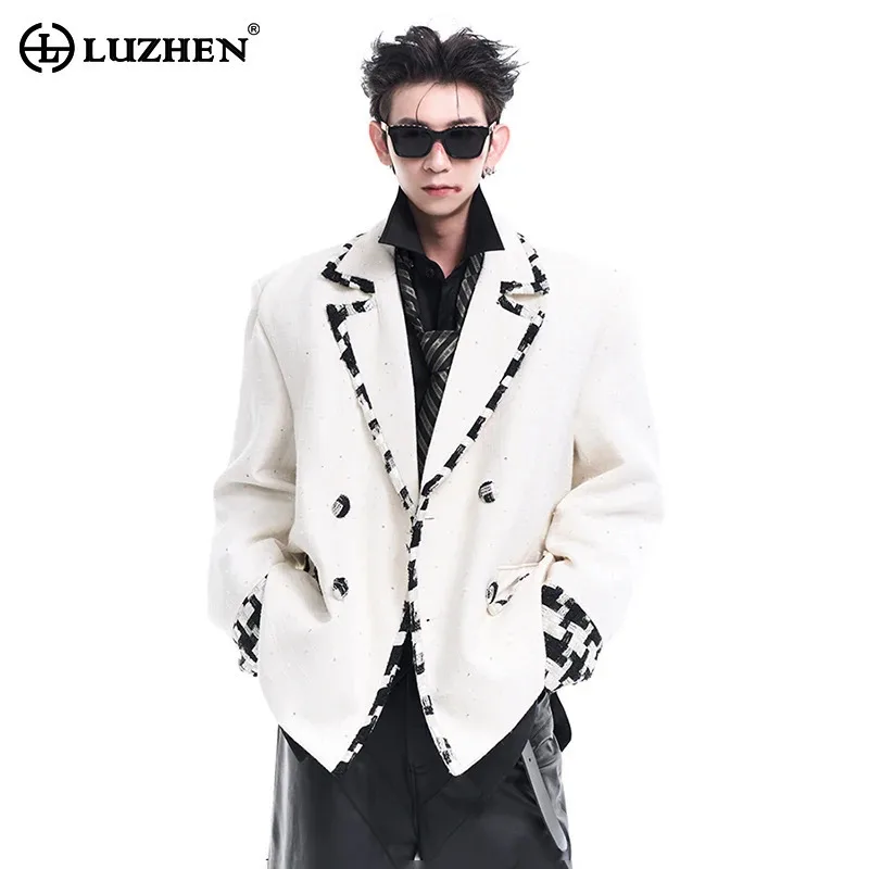 LUZHEN Woven Patchwork Small Fragrant Style Suit Jacket Autumn Double Breasted Street Blazer Color Contrast Clothing Male LZ5133