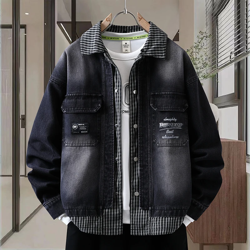

Faionable Fake Two-Piece Denim Jaet for Teens Spring Autumn Trendy Men's High Street Sle Long Sve Casual Outerwear