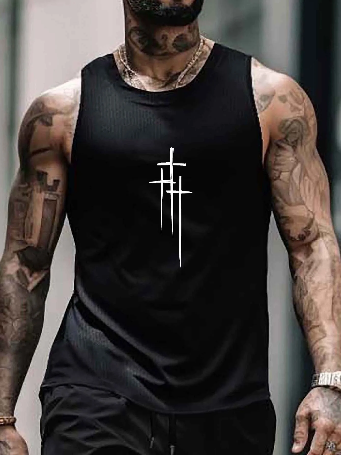 

Men's white three-striped patch vest - Lightweight summer sleeveless top with white cross stripes