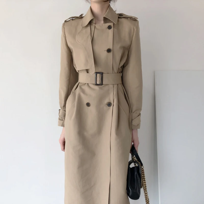 

Korean Vintage Khaki Trench Coats Women Notched Collar Belt Slim Waist Windbreaker Fall Overcoat Double Breasted Winter Coat